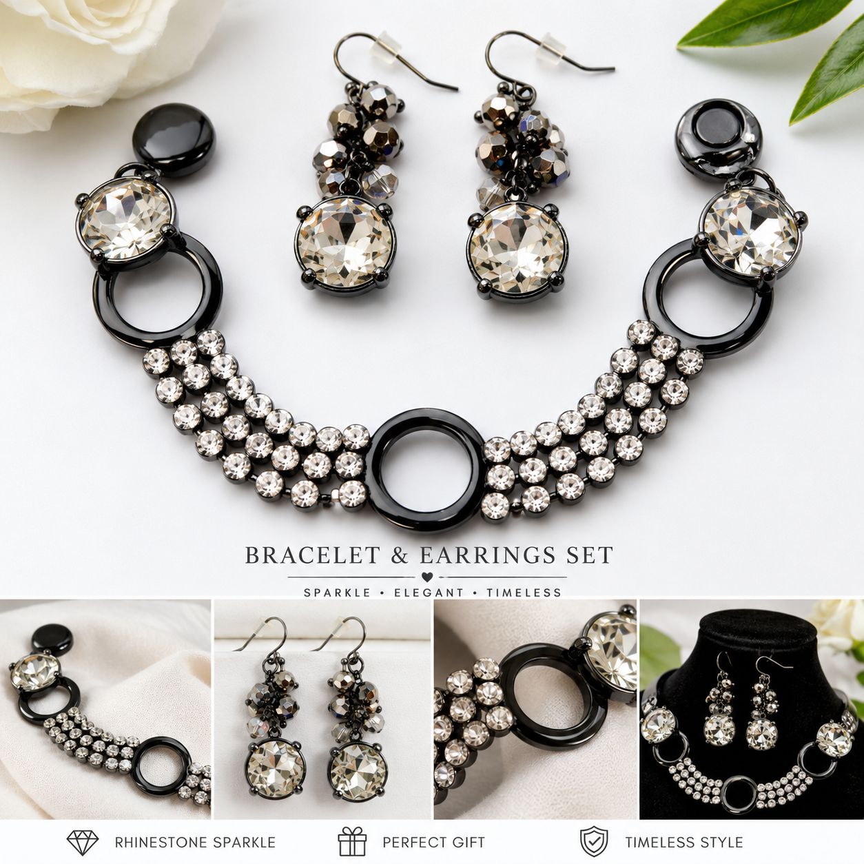 Gunmetal Gray Rhinestone Magnetic Clasp Bracelet Dangle Earrings Set 2pc Vintage
